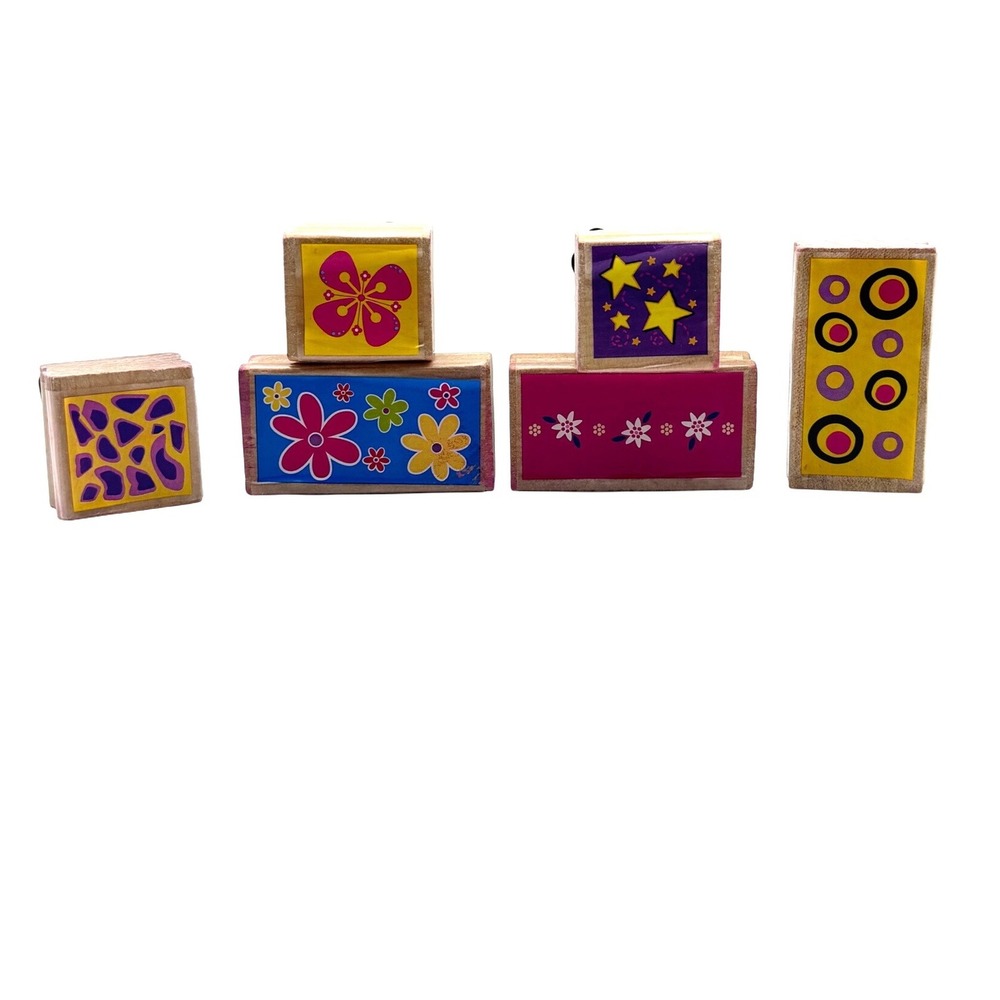 Wood rubber Stamp Blocks Set‎ - Floral, Geometric, Star Designs, Craft 6 pc lot